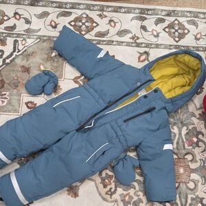 Blue and Yellow Hooded Snowsuit with Mittens